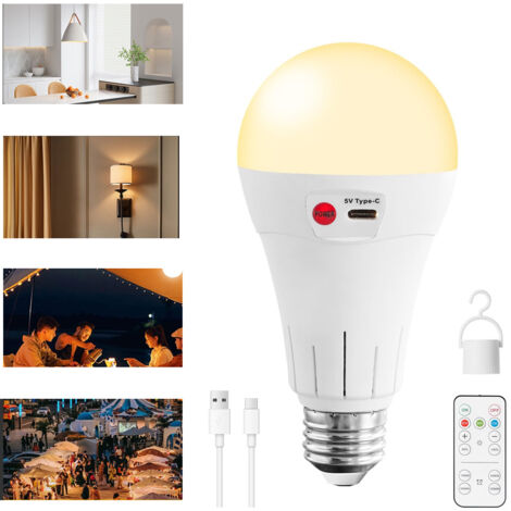 1 ampoule rechargeable avec télécommande, E26/E27, 7 W, 2000 mAh, intensité variable, minuterie, pour les coupures de courant, le camping et les urgences en extérieur.