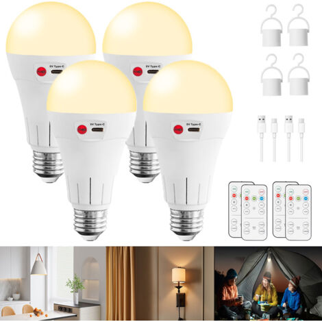 4 ampoules rechargeable avec télécommande, E26/E27, 7 W, 2000 mAh, intensité variable, minuterie, pour les coupures de courant, le camping et les urgences en extérieur.