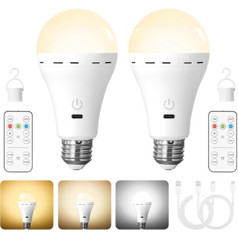 2 ampoules LED E27, batterie rechargeable avec télécommande, ampoule à intensité variable avec fonction minuterie, 3 températures de couleur, éclairage de secours pour usage intérieur et extérieur