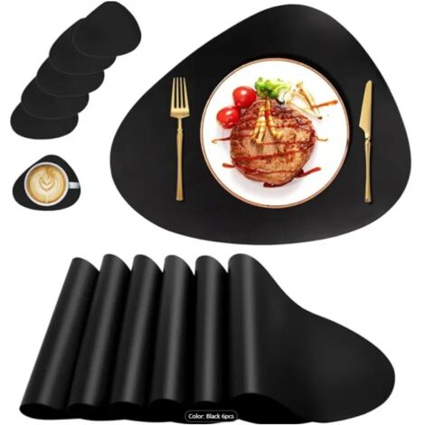 Ensemble de 6 sets de table en cuir PU noir - Sets de table et sous-verres triangulaires réversibles, imperméables et lavables, adaptés à une utilisation à l'intérieur comme à l'extérieur (1/5)