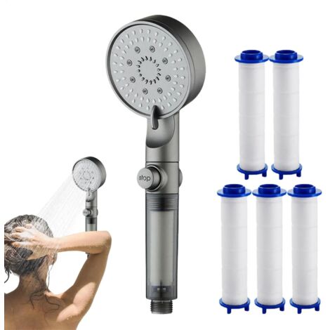 Pomme de douche à filtre pressurisé à 5 réglages, douchette à main, sortie à haut débit, raccord universel, accessoires de douche - Gris (1/5)