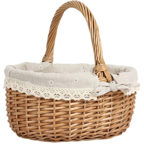 Panier de pique-nique en osier avec poignée et doublure amovible, rangement pour panier portable, panier rétro tissé à la main, adapté au pique-nique, au camping, à la cueillette de légumes (sans couv