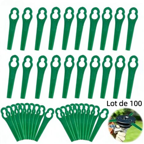 Lot de 100 lames en plastique vert en forme de gourde pour tondeuse à gazon, lames de remplacement pour débroussailleuse, accessoire universel pour tête de coupe de jardin (1/5)