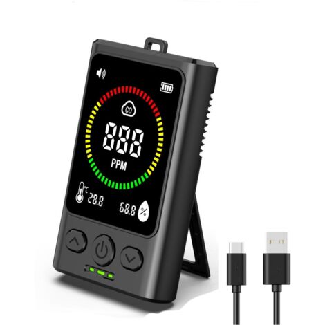 Détecteur de monoxyde de carbone portable 3-en-1 noir avec capteur de température et humidité, alarme CO pour maison, camping et véhicule (1/5)