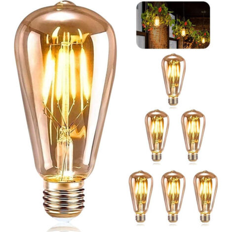 Paquet de 6 ampoules rétro à culot E27 6W, verre ambré rétro, ampoule sucette en tungstène à lumière blanche chaude 2700K (1/5)