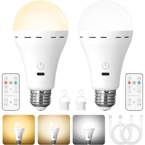 Lot de 2 Ampoule LED sans fil rechargeable E27, télécommande, 3 couleurs, variateur, pour éclairage intérieur, salon, chambre, sans câblage