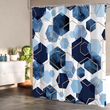 Rideau de douche imprimé géométrique bleu et or, 90×180 cm, étanche et anti-moisissure, rideau de salle de bain moderne abstrait (1/5)