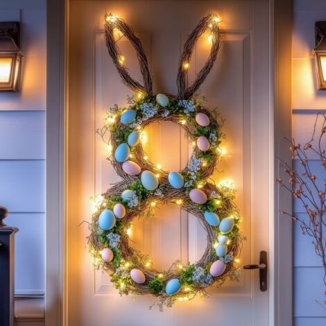 Couronne De Pâques En Forme De Lapin, Couronne Lumineuse Avec LED Blanc Chaud, Couronne Pliable En Forme De Lapin, Couronne D'œufs De Pâques, Idéale Pour Décorer Les Porches, Les Murs Extérieurs Et Le (1/5)