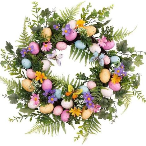 Couronne de Pâques artificielle avec feuillage, œufs colorés, fleurs murales, idéale pour l'intérieur et l'extérieur, pour la maison, le printemps, l'hiver, l'automne et les mariages. Collection Viole (1/5)