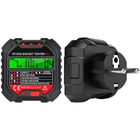 Testeur de prises avec test RCD et affichage de tension, 6 diagnostics de défaut, affichage de la tension et du courant de fuite, 48-250V,CAT II 300 (réglementation UE HT107D) (1/5)