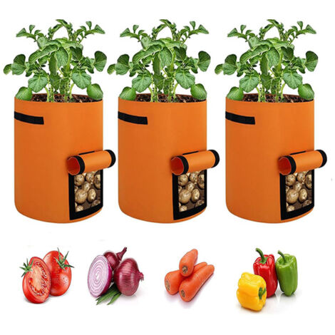 Lot de 3 sacs à pommes de terre en feutre, Poche de culture avec rabat et poignées – Tissu épais renforcé, durable – Idéal pour cultiver pommes de terre, légumes racines sur balcon, terrasse