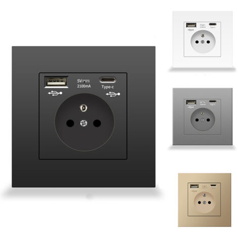 Prise murale française avec ports USB et Type-C, Prise de courant encastrable – Double prise avec chargeur rapide – Protection anti-surchauffe – Idéale pour bureau à domicile, chambre, salon