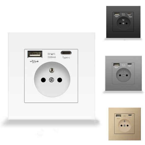 Prise murale française avec ports USB et Type-C, Prise de courant encastrable – Double prise avec chargeur rapide – Protection anti-surchauffe – Idéale pour bureau à domicile, chambre, salon