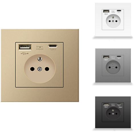 Prise murale française avec ports USB et Type-C, Prise de courant encastrable – Double prise avec chargeur rapide – Protection anti-surchauffe – Idéale pour bureau à domicile, chambre, salon