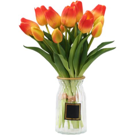 10pc, 10 branches courtes bouquet de tulipes de simulation en caoutchouc souple, décoration de printemps, décoration de salon familial (orange) (1/4)
