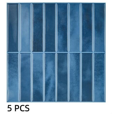 Lot de 5 autocollants muraux 3D verticaux bleus 25.4×25.4cm, auto-adhésifs, imperméables, décoration murale pour salon, chambre et entrée (1/5)