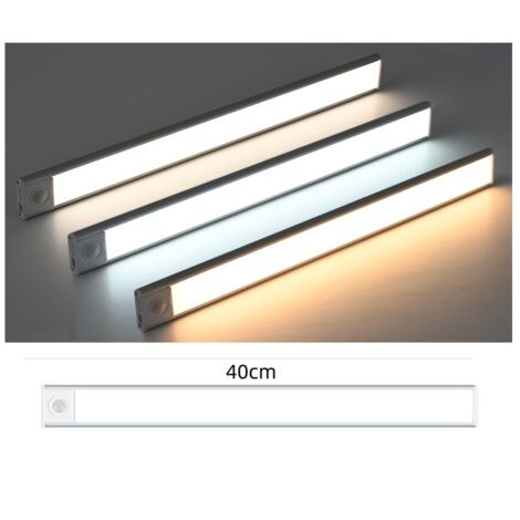 Lampe à détection de mouvement ultra-mince rechargeable argentée 40cm, changement de 3 couleurs, bande LED magnétique auto-adhésive pour armoire, placard, cave à vin, veilleuse intelligente sans fil (1/5)
