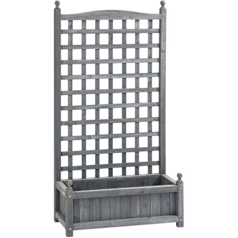 Coffre en bois gris clair pour plantes grimpantes. Dimensions : 64 x 28 x 120 cm. (1/5)