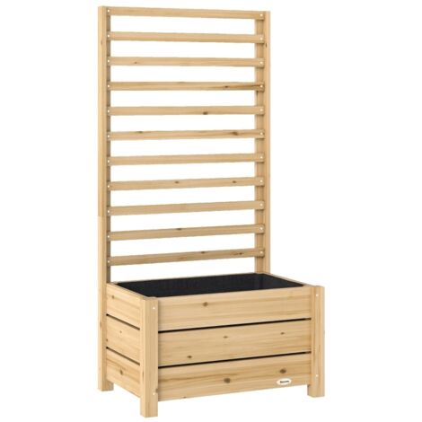 Coffre surélevé en bois avec grillage, tissu synthétique et orifice d’évacuation. Dimensions : 60 x 39 x 120 cm. (1/5)