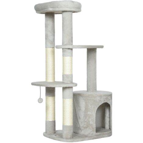 Arbre à chats 114 cm – Structure tour avec niche intérieure, poteaux en sisal, plateforme supplémentaire. Pour chats moyens (6 kg). Couleur gris clair. (1/5)
