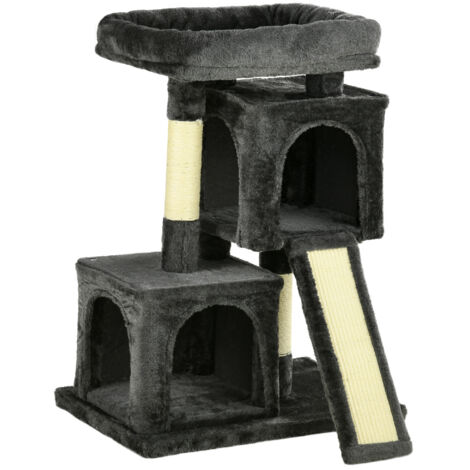 Sisal Kratzbaum jusqu’à 30 kg. Encombrant pour les chats actifs. Structure en sisal, plateforme de repos, matériau en pluche de couleur gris foncé. (1/5)