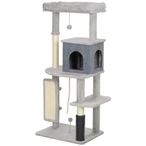 132 cm de Katzenbaum avec des poteaux pour se cacher. Il y a aussi un lit, une maison, des plateformes pour sauter… De plus, il y a une brosse de nettoyage. La couleur est gris clair. (1/5)