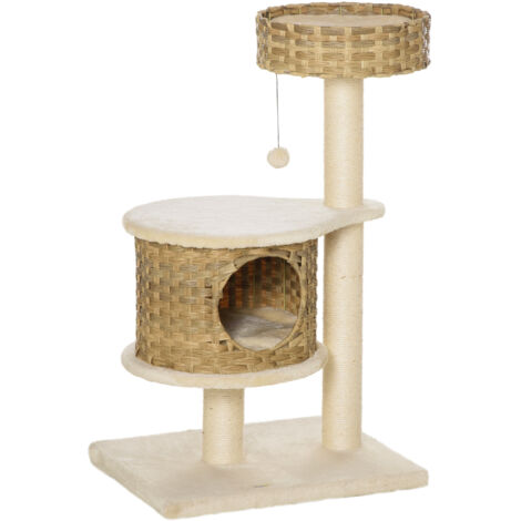 Arbre en rotin avec un nid pour les chats et des jouets de balles. Arbre idéal pour les petits chats. Design naturel et beige. (1/5)