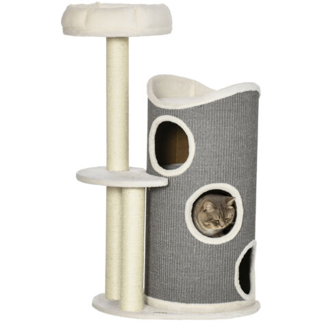 Kratzbaum de 109 cm : arbre pour les chats, avec un panier à griffes et un lit pour les chats. Des colonnes en sisal sont présentes. Design moderne, en couleur blanche ou grise, parfait pour les amate (1/5)
