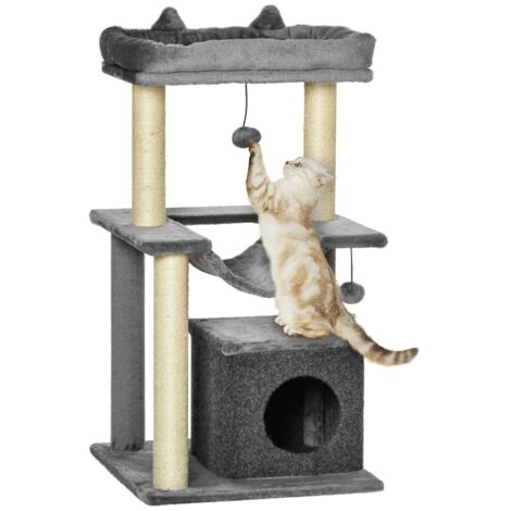 Arbre pour chats de 90 cm. Arbre à jouer avec un hamac. Lieu où les chats peuvent se cacher. Plateformes pour grimper. Arbre idéal pour les activités des chats. Matériel en mousse et en sisal gris. (1/5)