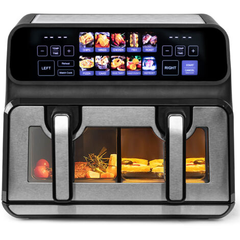 Airfryer de 9 litres, double chambre. Puissance : 2200 W. Il dispose d’une fenêtre de visualisation, ainsi que d’un écran LED couleur.