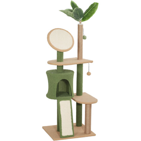 Kratzbaum vert de 139 cm avec niche et poteaux en sisal, pour chats jusqu’à 5 kg (1/5)