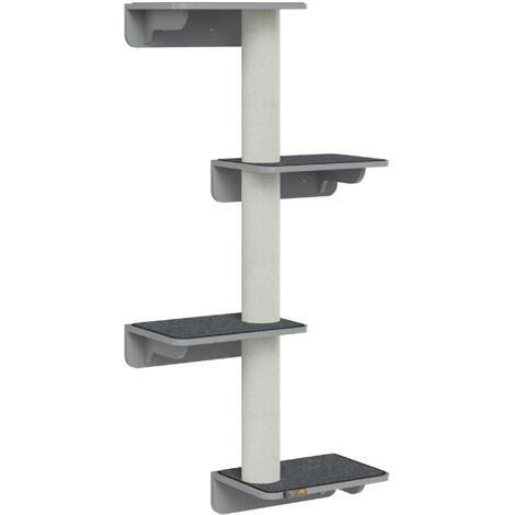 Arbre à grattins pour chats, dimensions : 66x28x137 cm. Installation murale en bois de couleur gris clair. Idéal pour les amateurs de chats. (1/5)
