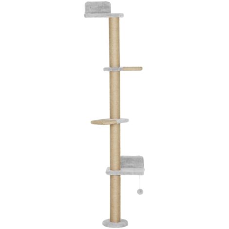 Katzenkratzbaum : un design à 5 étapes. C’est un jouet. Il s’agit de poteaux en sisal, ainsi que de matériaux en peluche gris clair. (1/5)