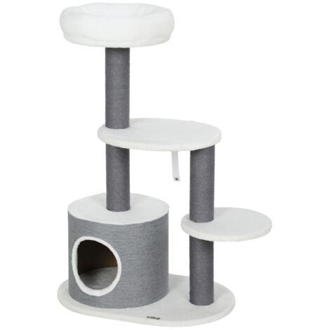 Kratzbaum avec 1 niche pour chats, 1 lit pour chats, 2 plateformes. Poteaux en corde de jute. Couleur : blanc et gris. (1/5)
