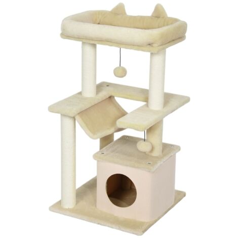 Katzenbaum : arbre à chats avec des jouets, une barre pour s’asseoir, et un hamac. Dimensions : 48 x 48 x 90 cm. Couleur : crème. (1/5)