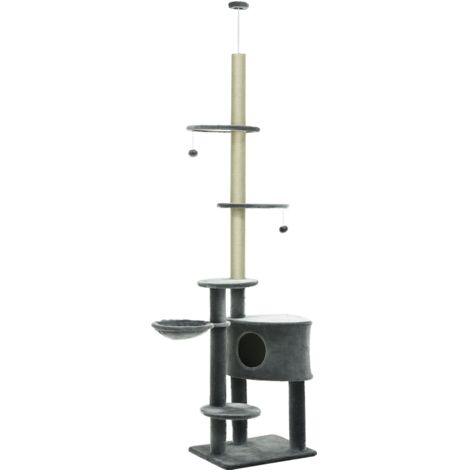 Kratzbaum gris foncé très haut 220-265 cm, avec abris, hamac, troncs de sisal, balles et plateformes, idéal pour chat moyen (1/5)