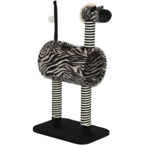 Arbre à chat de style Zebra avec tunnel pour chats d’un diamètre de 25 cm. L’arbre mesure 93 cm de long. Les branches en bois sont de couleur noire et blanche, parfaites pour les chats. (1/5)