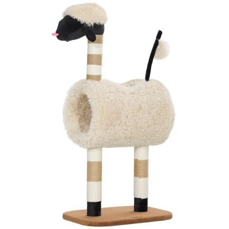 Katzenbaum dans un design en forme de mouton. Comprend des poteaux pour se promener, un tunnel et des jouets. Longueur : 98 cm. Couleur : brun clair. (1/5)
