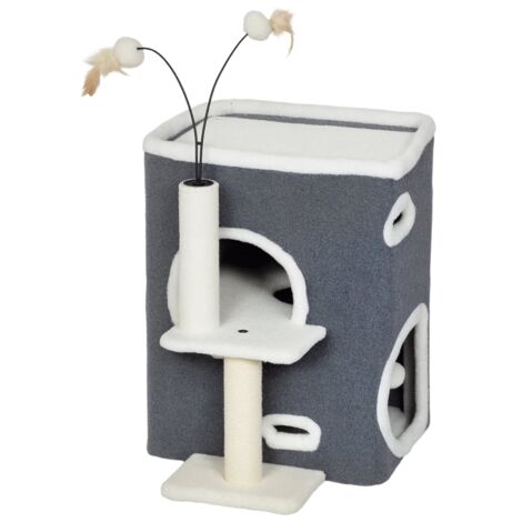 Arbre pour les chats, lit de qualité supérieure, maison à deux étages. Piliers en sisal. Couleur grise. (1/5)