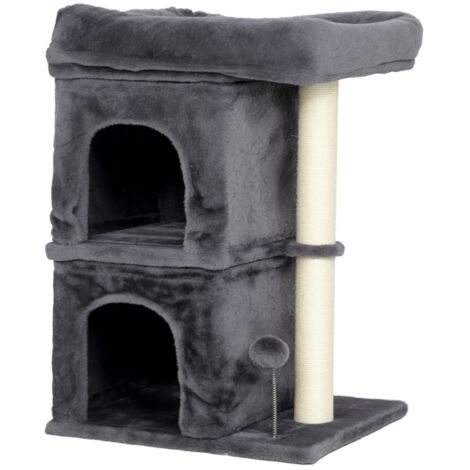 Arbre pour chats, structure en forme de toit pour chats, 2 grottes, plateforme, poteaux en sisal… Structure compacte, couleur gris foncé. (1/5)