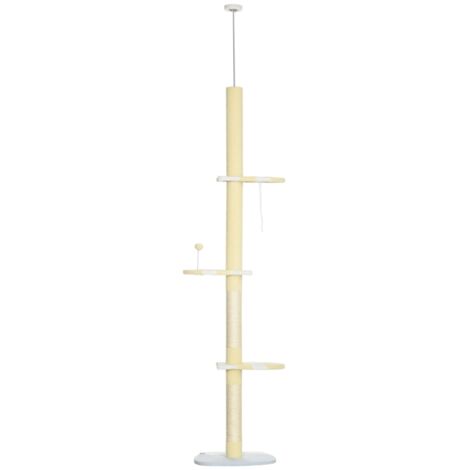 Arbre à chat réglable en hauteur, anti-dérapant. Support en corde de sisal. Dimensions : 220-260 H x 47 L x 34 W cm. Couleur : jaune/blanc/bleu. (1/5)