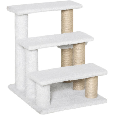 Katzentreppe : escalier pour chats de 3 étages, avec des colonnes en bois. Design adapté aux chiens. Escalier conçu pour les chats jusqu’à 5 kg. Matériau utilisé : du velours blanc. Dimensions : 45 x (1/5)