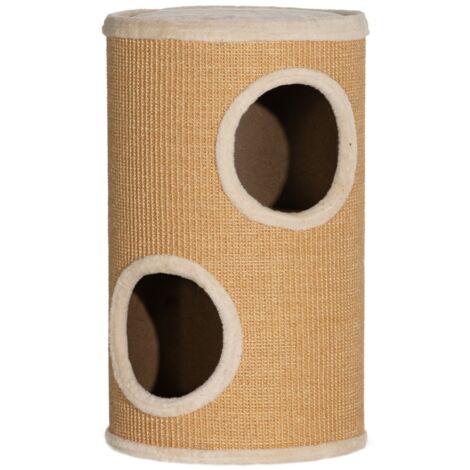 Katzenbaum : avec beaucoup d’espace intérieur, revêtement en peluche, surface en sisal. Dimensions : Φ35 x 60H cm. Couleur : brun-beige. Poids : 10 kg. (1/5)