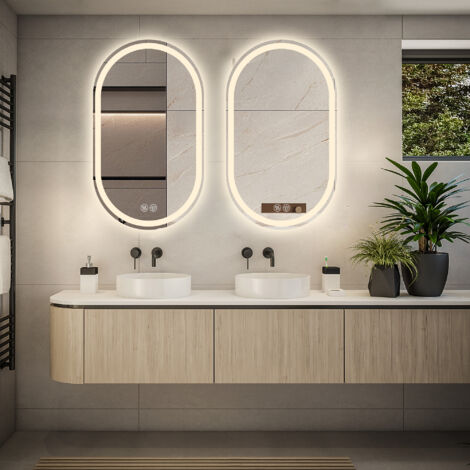 Miroir intelligent fixé au mur, de forme ovale, sans cadre. Non déformable par la buée. Écran tactile intégré. Utilisé dans les salles de bains. Dimension : 60100 cm. (1/5)