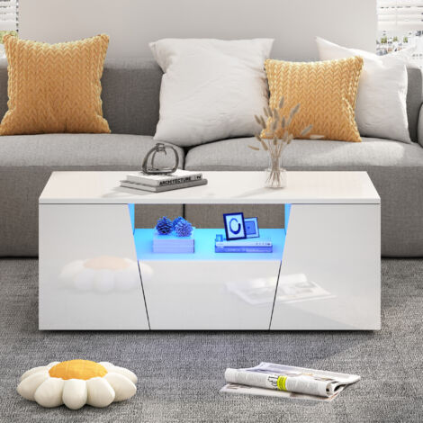 Table de nuit – 100 × 50 × 40 cm – Éclairage LED – Verre brillant – 2 compartiments supplémentaires – Design irrégulier – Couleur blanche (1/5)