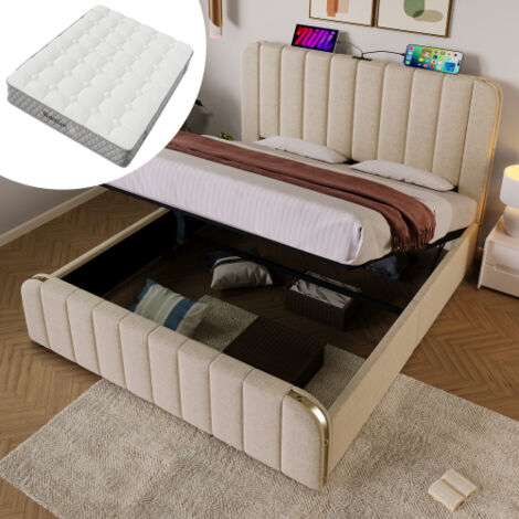 Lit double – Sommier coussin – Bandes dorées – Charge USB-C – 180 × 200 cm – Lin – Hydraulique – Avec matelas (1/5)