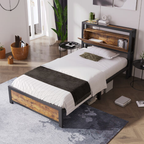 Lit métallique – 90 × 200 cm – Rangement sommet – Cadre lattes métal – Enfant – Adulte – Ado – Industriel – Noir (1/5)