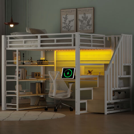 Litvier métallique de 140 x 200 cm, avec escalier intégrée. Il est équipé d’un bureau intégré, de compartiments pour ranger des objets, d’une station de chargement USB et de lumières LED. Couleur : bl (1/5)