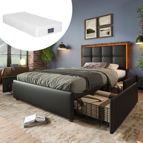 Lit avec bande d’éclairage LED et 4 tiroirs. Lit individuel avec matelas de taille 90x200 cm. Structure du lit réglable en hauteur. Lit fonctionnel. Couleur noire (avec matelas fourni). (1/5)
