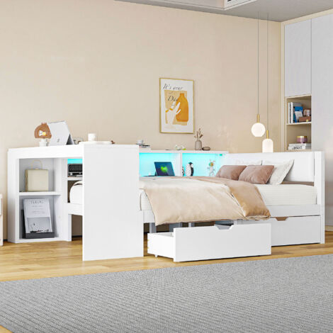 Lit bois – 140 × 200 cm – Rangements – Tiroirs – Station charge – Coussins – LED – Blanc (1/5)
